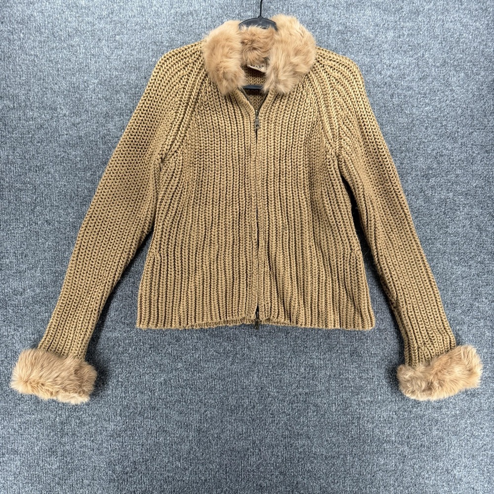 Kenji Sweater Womens XL Brown‎ Rabbit Fur Collar Cuffs Full Zip Y2K Boho 90s